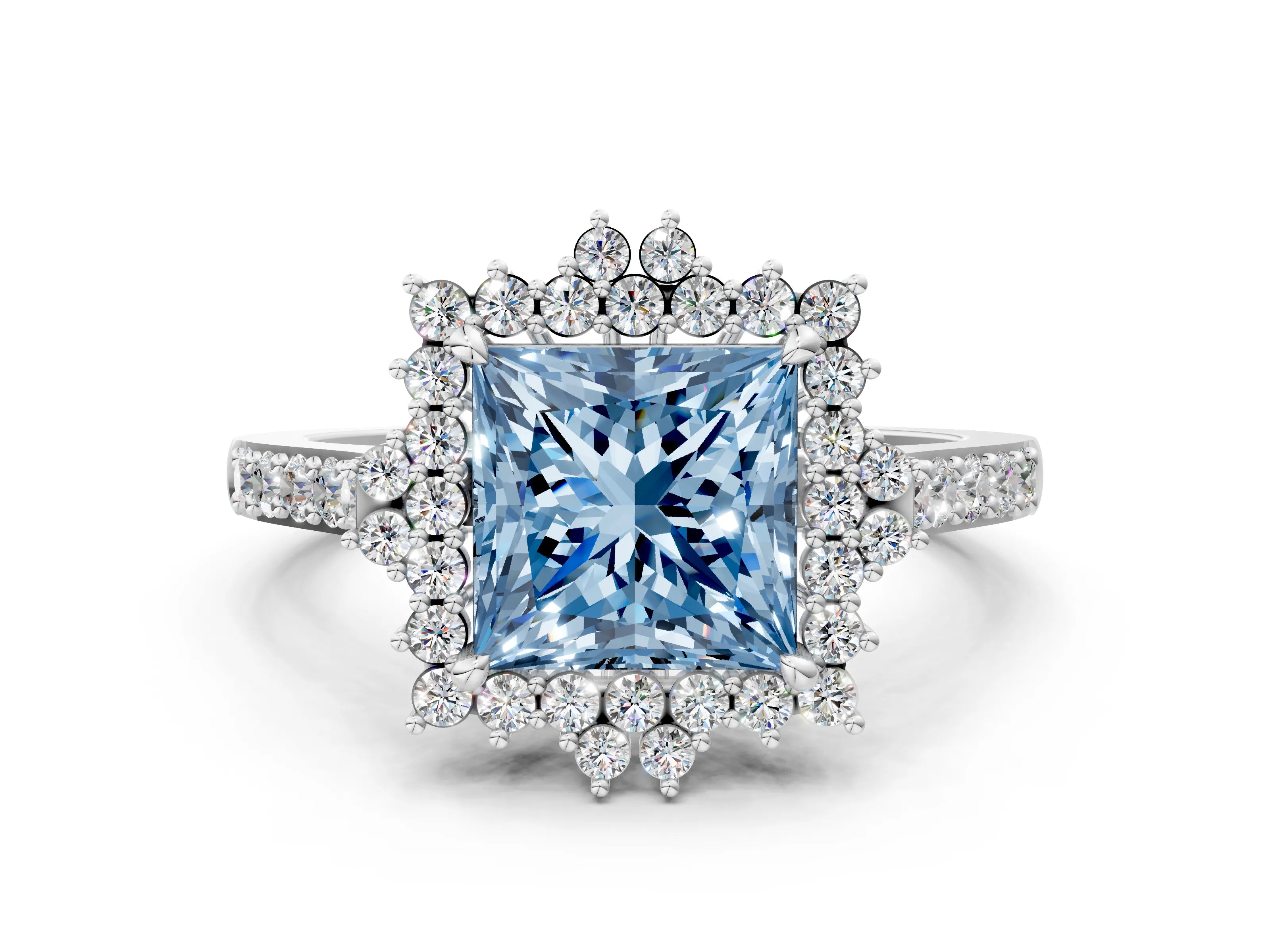 White gold Fancy Blue Princess Cut Cut Diamond Sunburst Halo Engagement Ring with Pavé Band_12