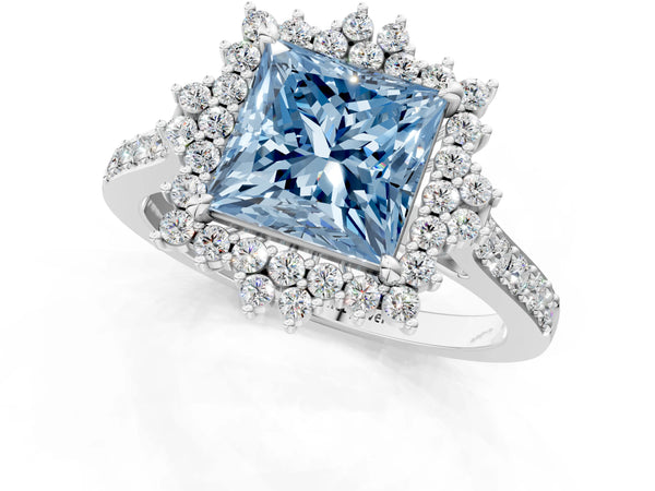 White gold Fancy Blue Princess Cut Cut Diamond Sunburst Halo Engagement Ring with Pavé Band