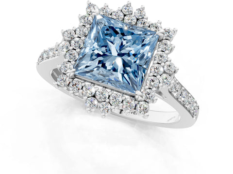 White gold Fancy Blue Princess Cut Cut Diamond Sunburst Halo Engagement Ring with Pavé Band_13