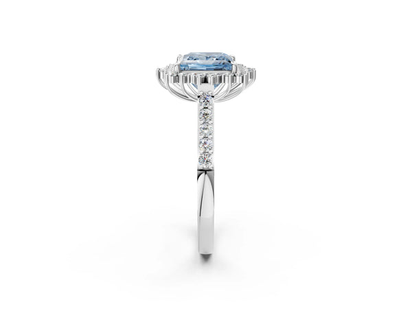 White gold Fancy Blue Princess Cut Cut Diamond Sunburst Halo Engagement Ring with Pavé Band