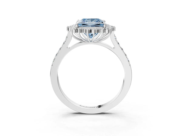 White gold Fancy Blue Princess Cut Cut Diamond Sunburst Halo Engagement Ring with Pavé Band