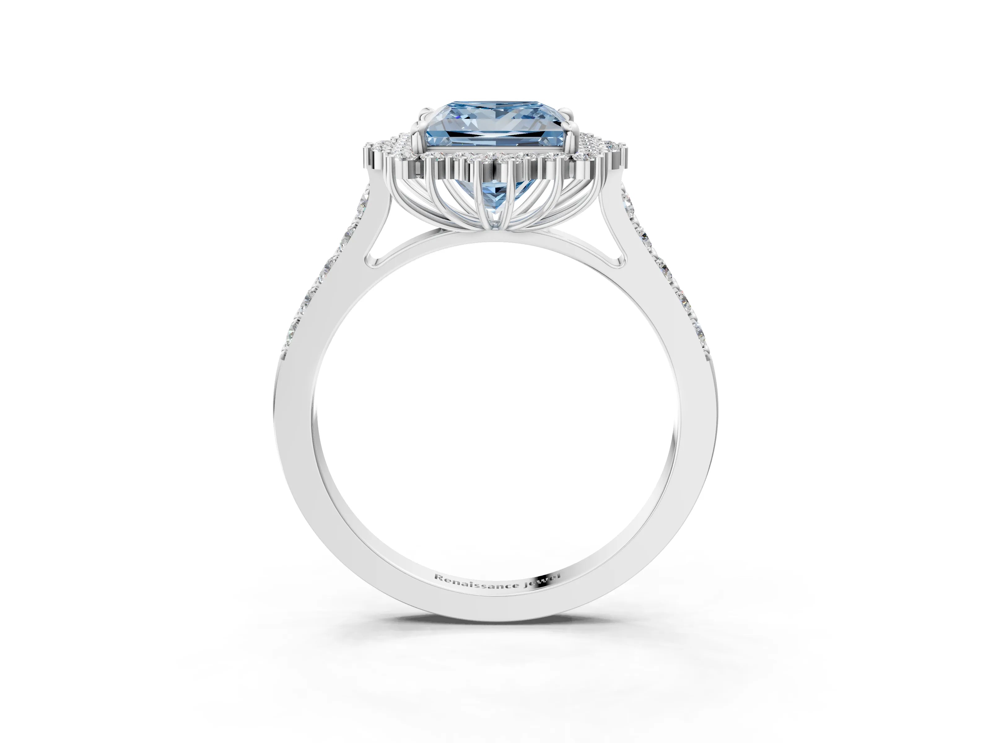 White gold Fancy Blue Princess Cut Cut Diamond Sunburst Halo Engagement Ring with Pavé Band_15