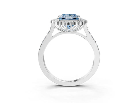 White gold Fancy Blue Princess Cut Cut Diamond Sunburst Halo Engagement Ring with Pavé Band_15