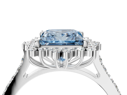 White gold Fancy Blue Princess Cut Cut Diamond Sunburst Halo Engagement Ring with Pavé Band_16