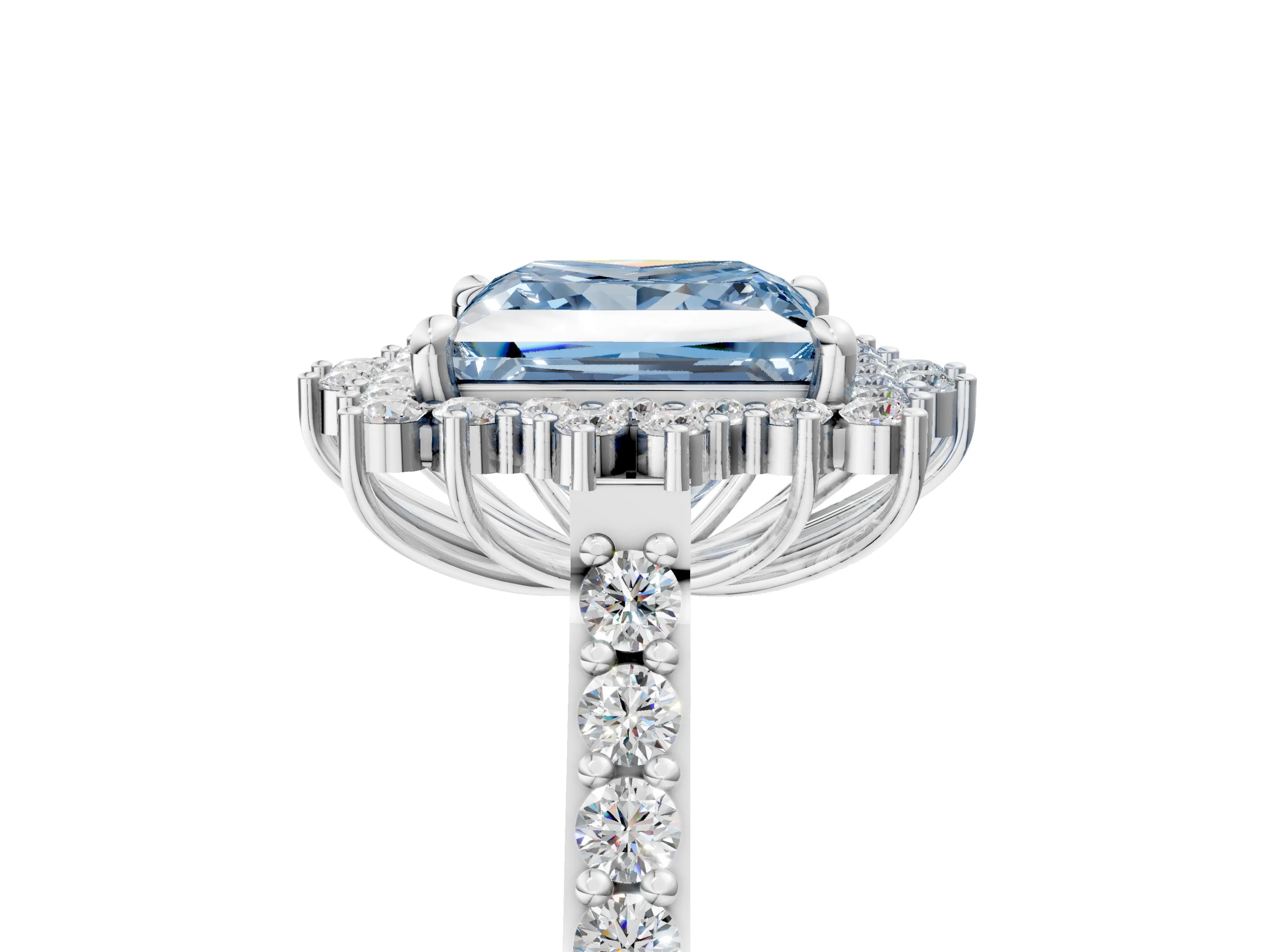 White gold Fancy Blue Princess Cut Cut Diamond Sunburst Halo Engagement Ring with Pavé Band_17