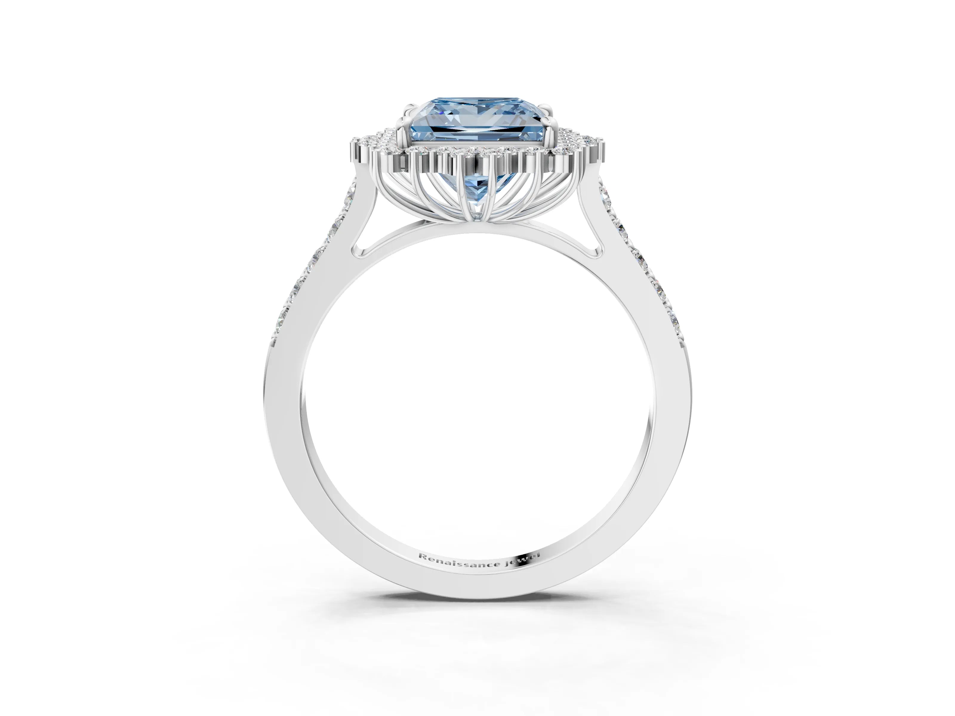 White gold Fancy Blue Princess Cut Cut Diamond Sunburst Halo Engagement Ring with Pavé Band_3