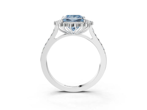 White gold Fancy Blue Princess Cut Cut Diamond Sunburst Halo Engagement Ring with Pavé Band_3