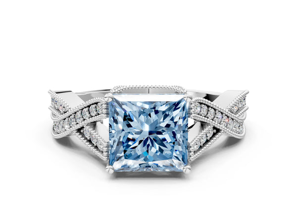 Platinum Fancy Blue Princess Cut Cut Diamond Twisted Band with Milgrain Pave Setting and Four-Prong Setting