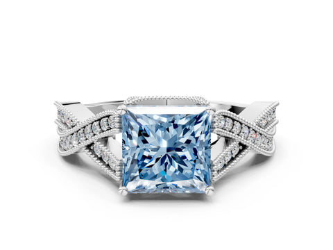 White gold Fancy Blue Princess Cut Cut Diamond Twisted Band with Milgrain Pave Setting and Four-Prong Setting_12