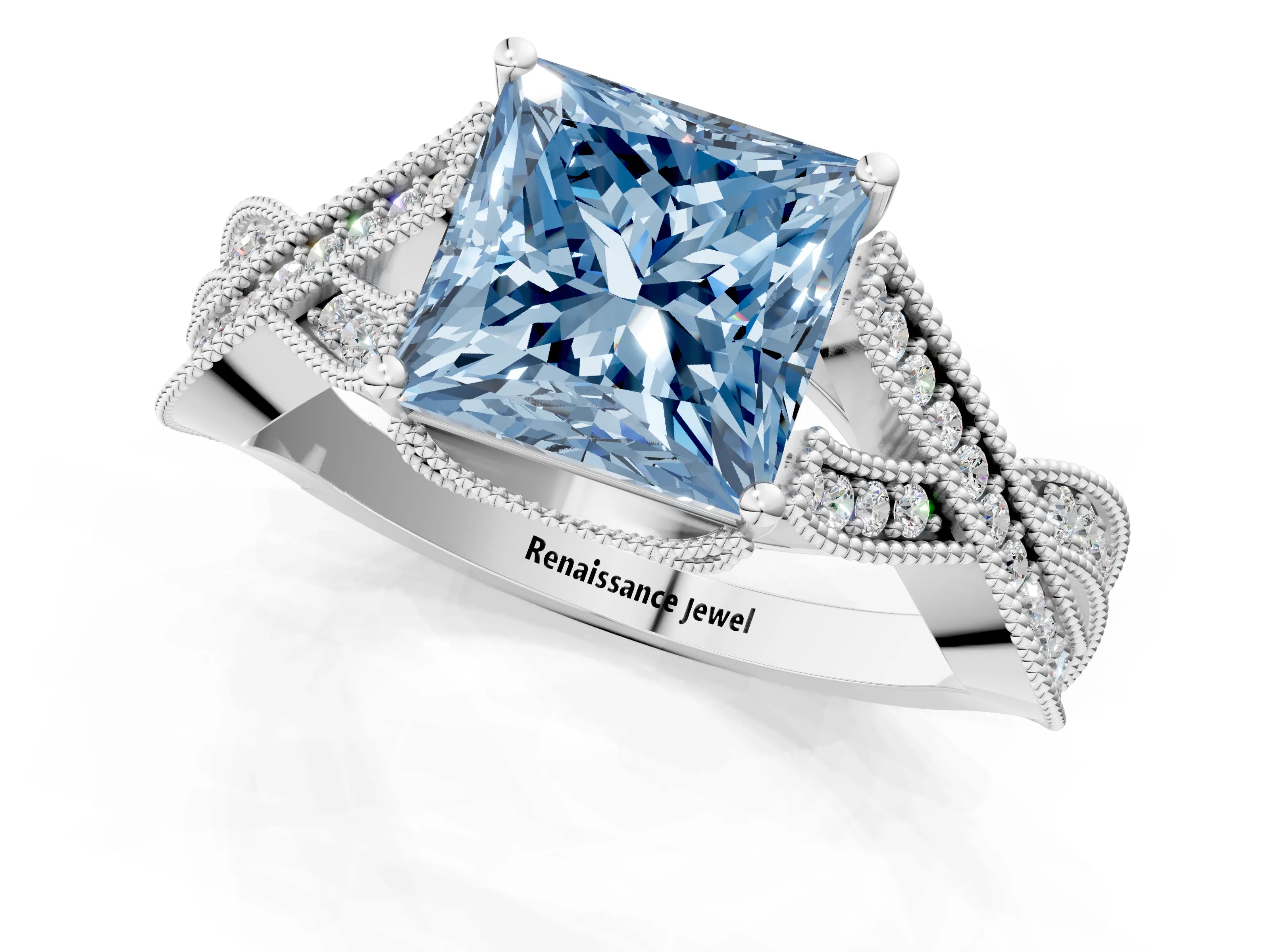White gold Fancy Blue Princess Cut Cut Diamond Twisted Band with Milgrain Pave Setting and Four-Prong Setting_13