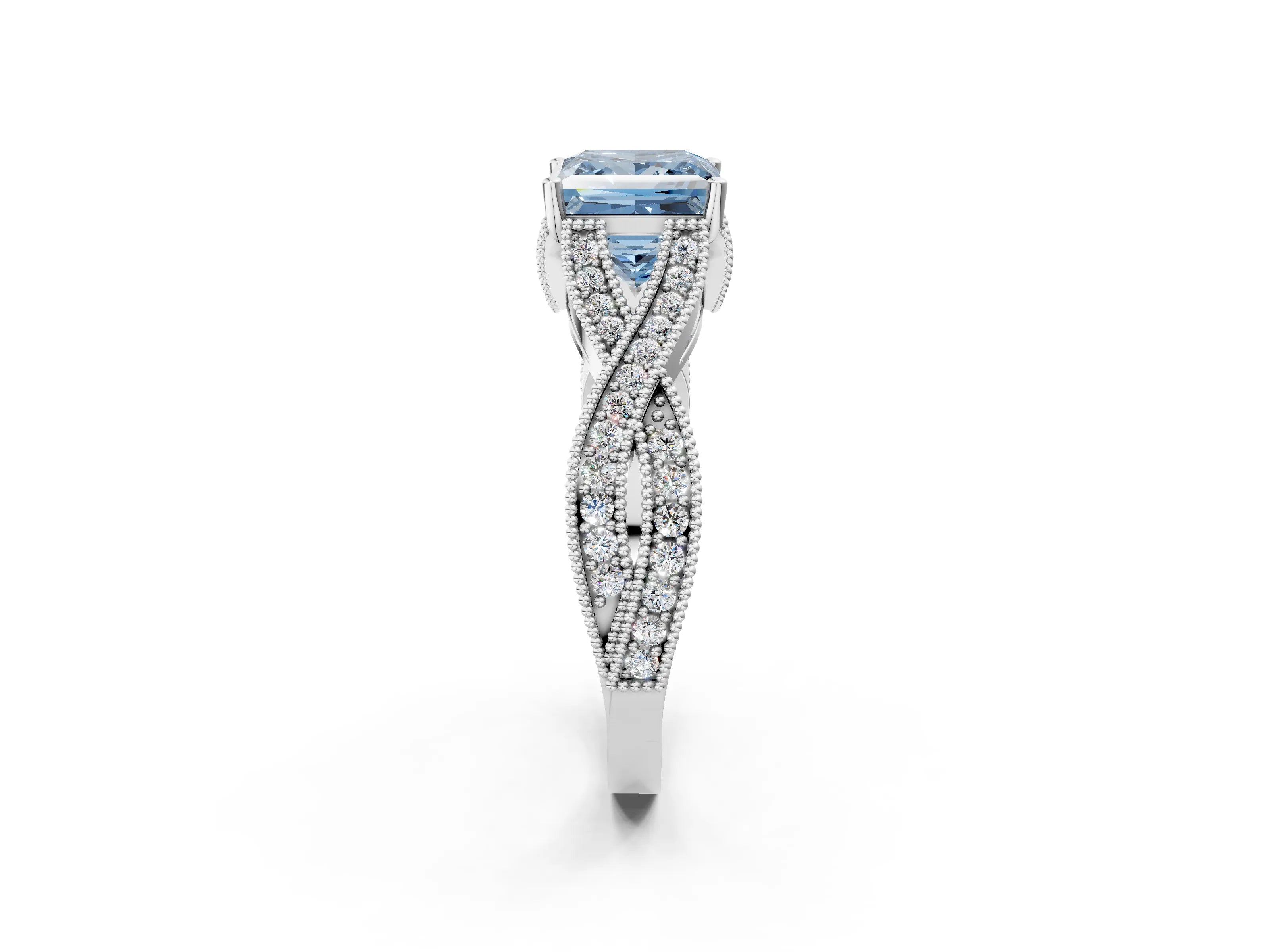 White gold Fancy Blue Princess Cut Cut Diamond Twisted Band with Milgrain Pave Setting and Four-Prong Setting_14