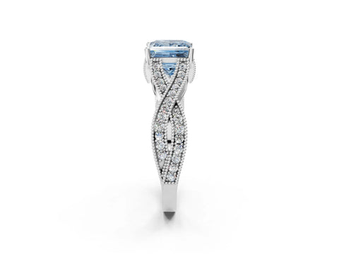 White gold Fancy Blue Princess Cut Cut Diamond Twisted Band with Milgrain Pave Setting and Four-Prong Setting_14