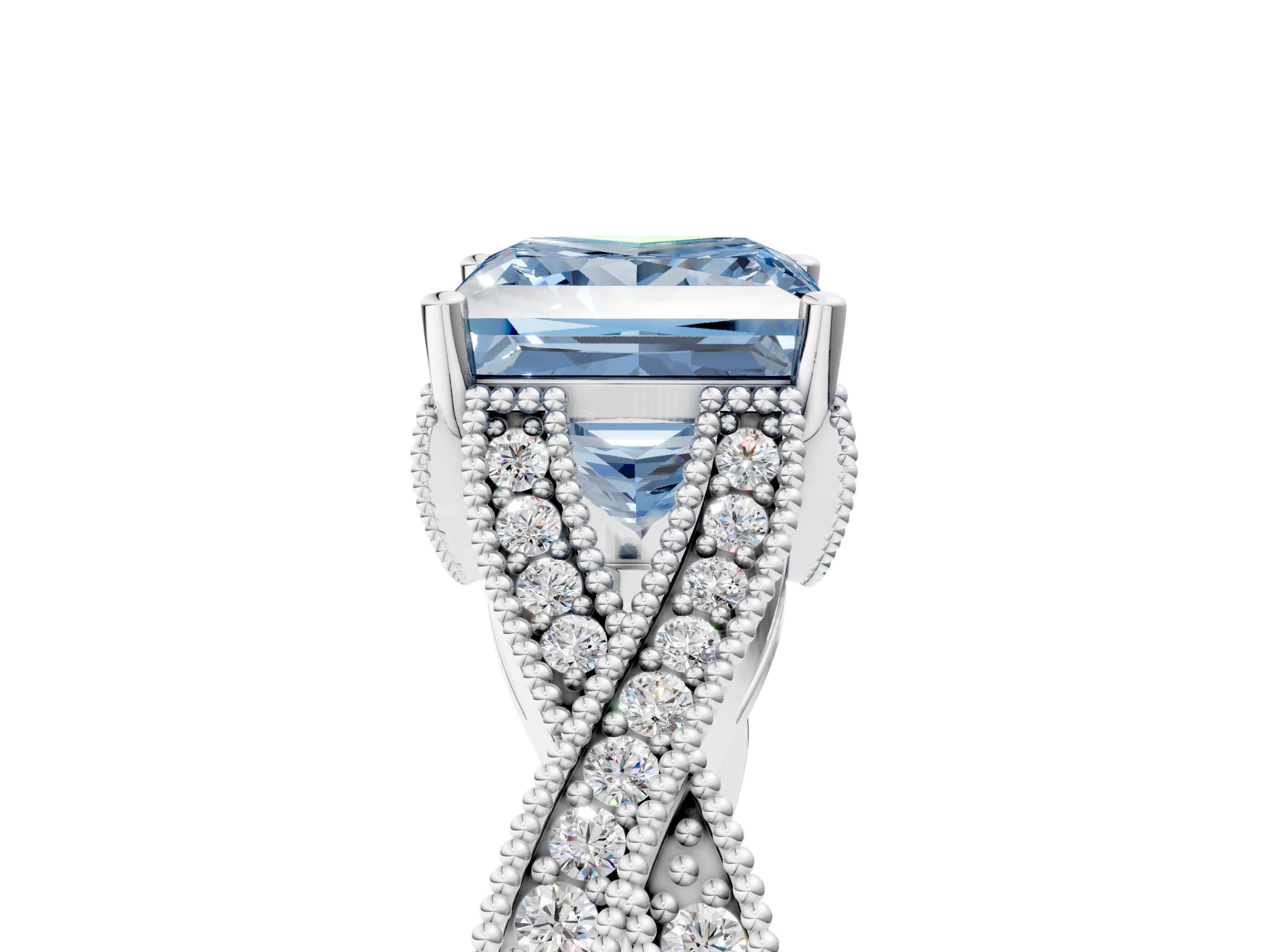White gold Fancy Blue Princess Cut Cut Diamond Twisted Band with Milgrain Pave Setting and Four-Prong Setting_17