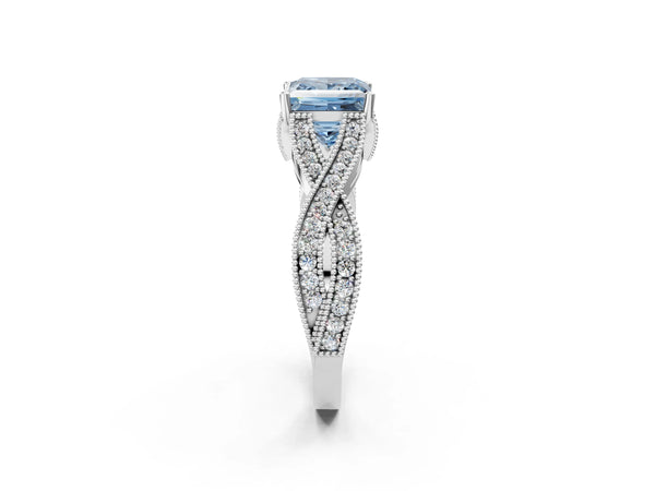 Platinum Fancy Blue Princess Cut Cut Diamond Twisted Band with Milgrain Pave Setting and Four-Prong Setting