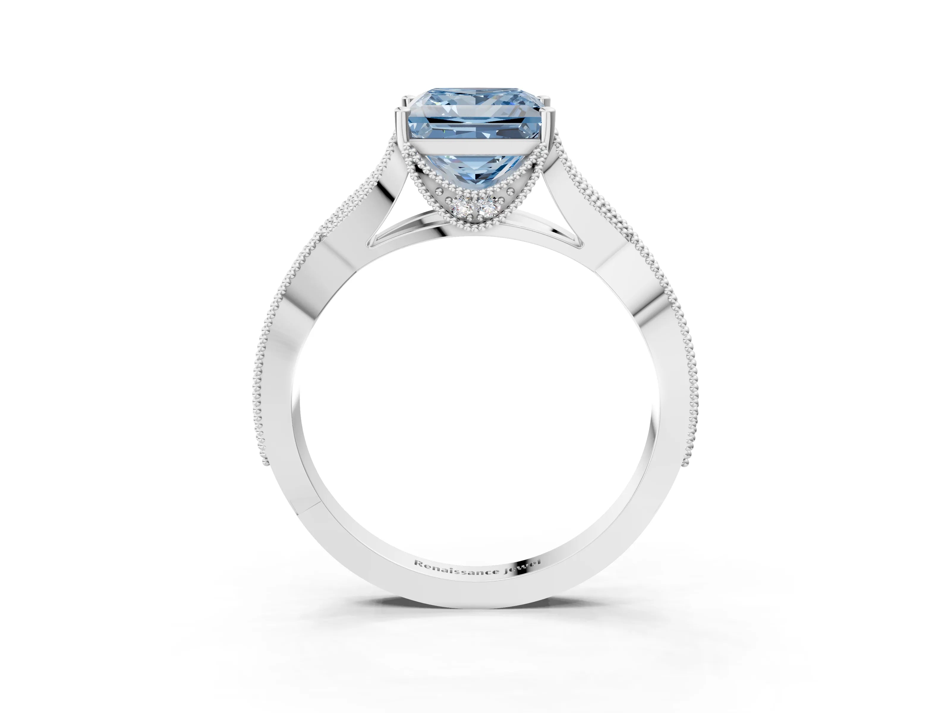 White gold Fancy Blue Princess Cut Cut Diamond Twisted Band with Milgrain Pave Setting and Four-Prong Setting_3