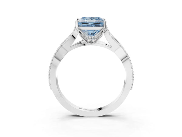 Platinum Fancy Blue Princess Cut Cut Diamond Twisted Band with Milgrain Pave Setting and Four-Prong Setting