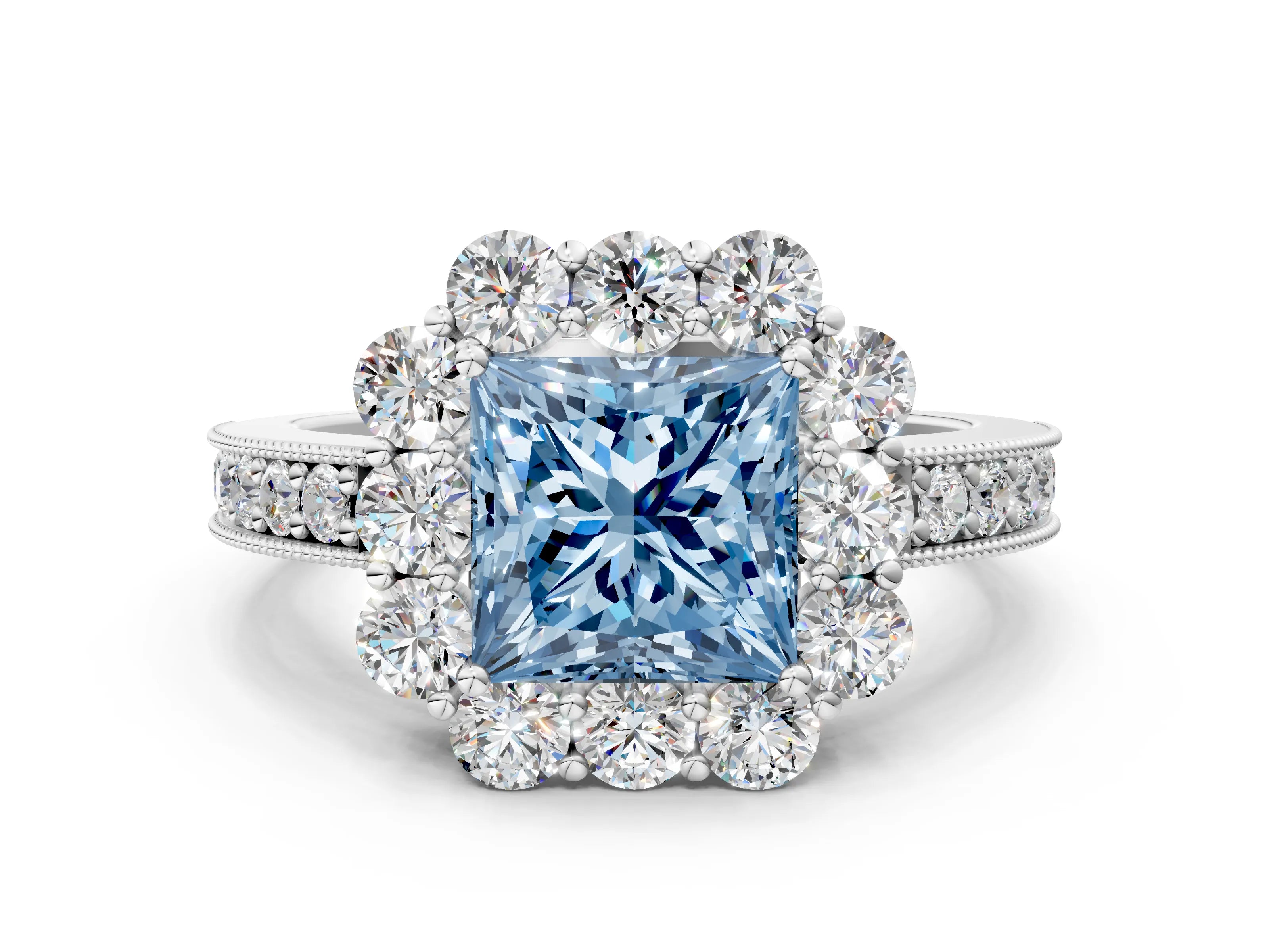 White gold Fancy Blue Princess Cut Cut Halo Diamond Pavé Engagement Ring with Milgrain Detailing_12