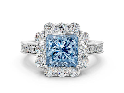 White gold Fancy Blue Princess Cut Cut Halo Diamond Pavé Engagement Ring with Milgrain Detailing_12