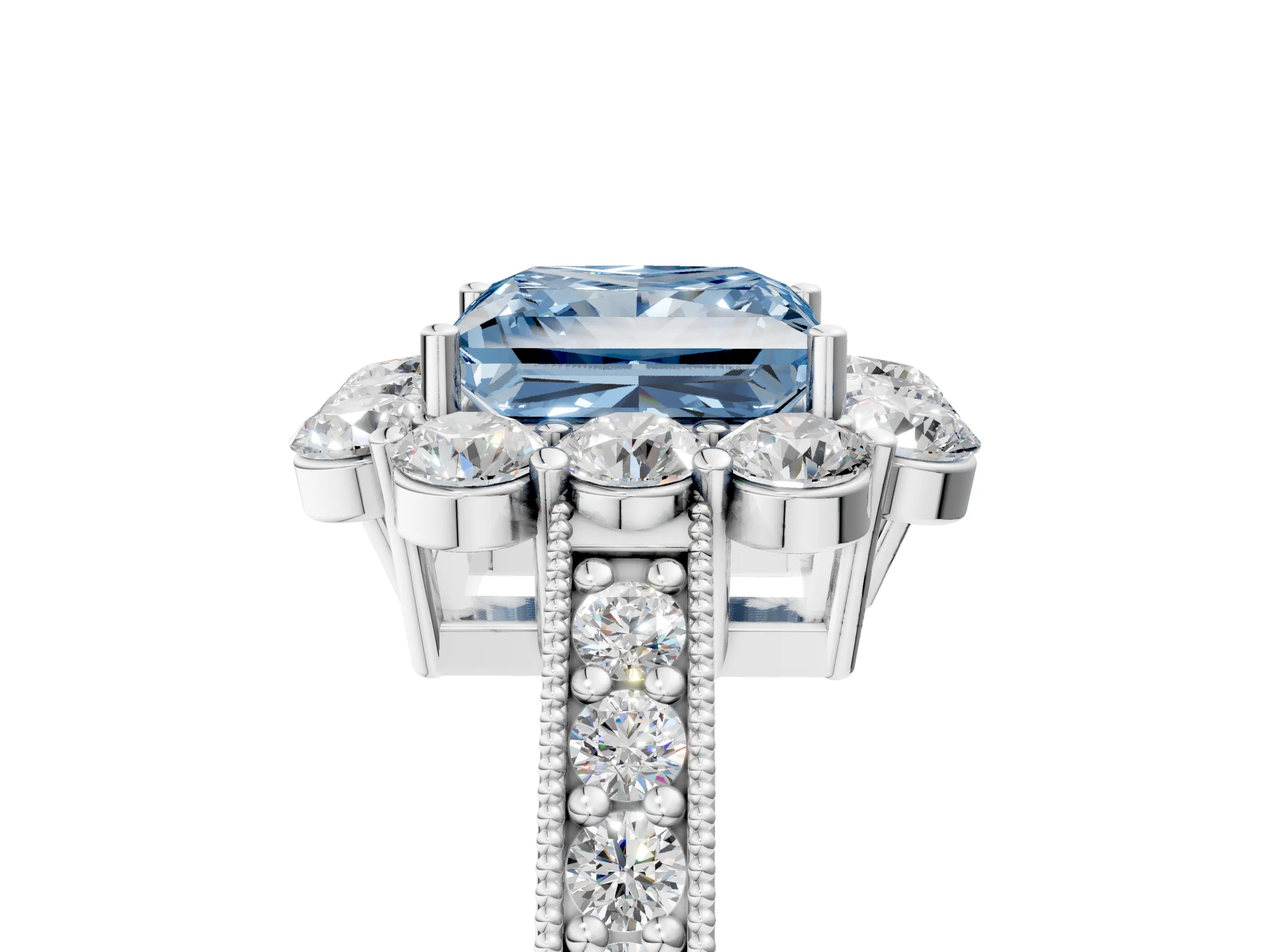 White gold Fancy Blue Princess Cut Cut Halo Diamond Pavé Engagement Ring with Milgrain Detailing_17