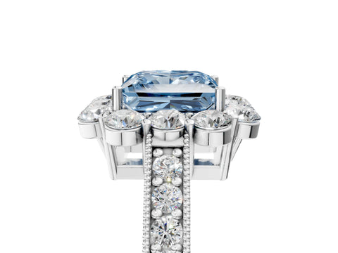 White gold Fancy Blue Princess Cut Cut Halo Diamond Pavé Engagement Ring with Milgrain Detailing_17