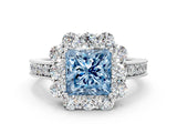 White gold Fancy Blue Princess Cut Cut Halo Diamond Pavé Engagement Ring with Milgrain Detailing_24