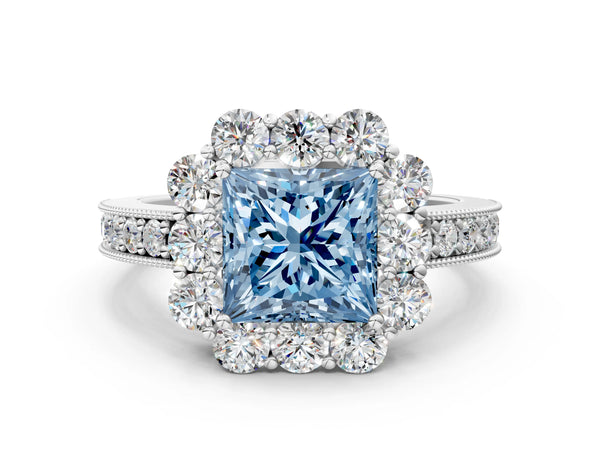 Platinum Fancy Blue Princess Cut Cut Halo Diamond Pavé Engagement Ring with Milgrain Detailing