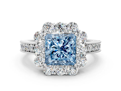 White gold Fancy Blue Princess Cut Cut Halo Diamond Pavé Engagement Ring with Milgrain Detailing_24
