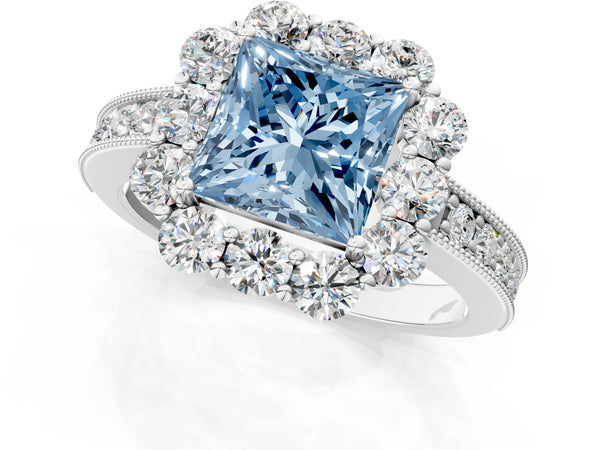Platinum Fancy Blue Princess Cut Cut Halo Diamond Pavé Engagement Ring with Milgrain Detailing