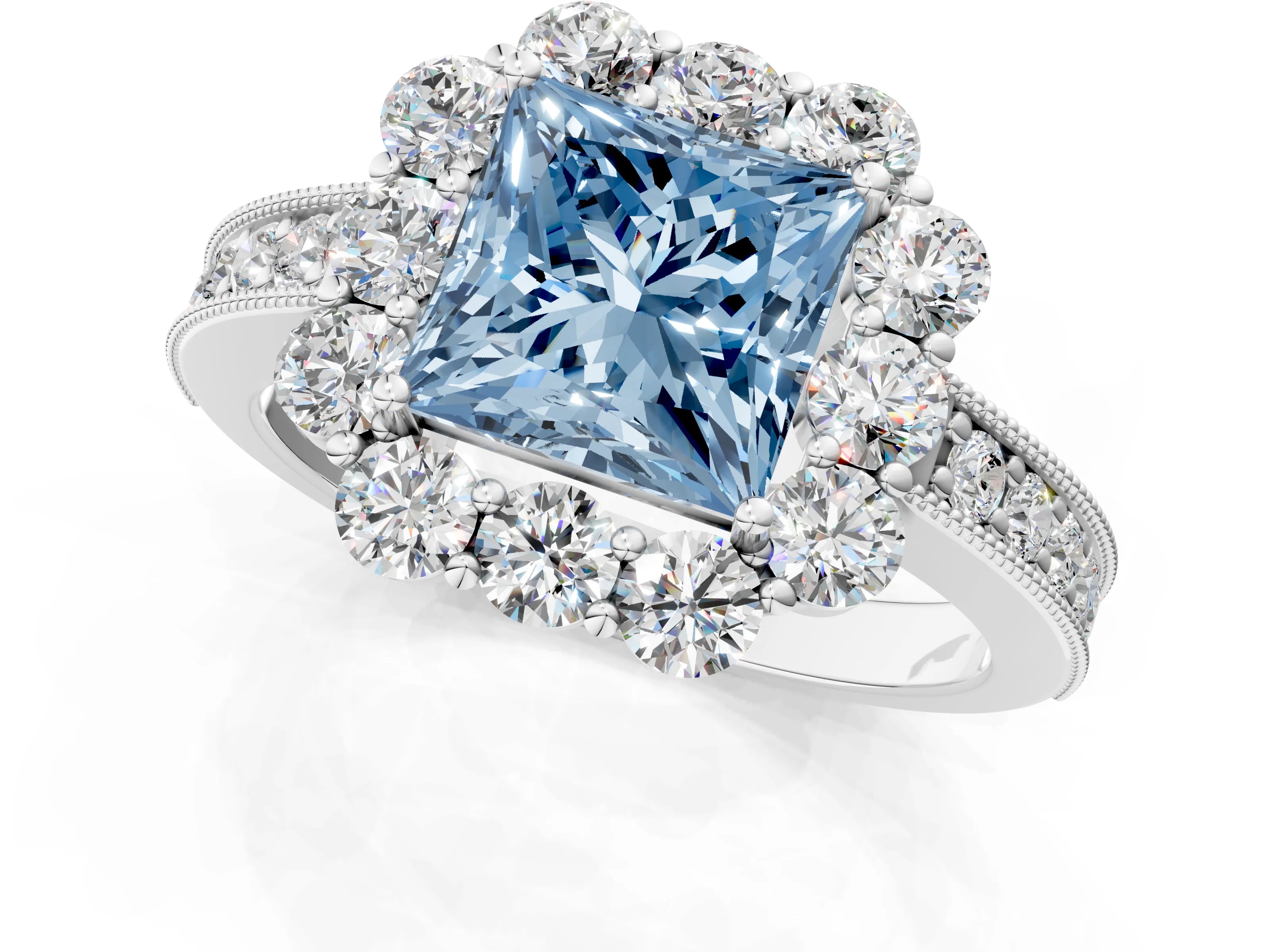 White gold Fancy Blue Princess Cut Cut Halo Diamond Pavé Engagement Ring with Milgrain Detailing_25