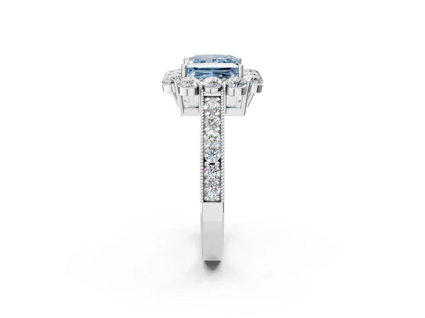 Platinum Fancy Blue Princess Cut Cut Halo Diamond Pavé Engagement Ring with Milgrain Detailing