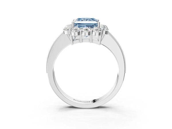 Platinum Fancy Blue Princess Cut Cut Halo Diamond Pavé Engagement Ring with Milgrain Detailing