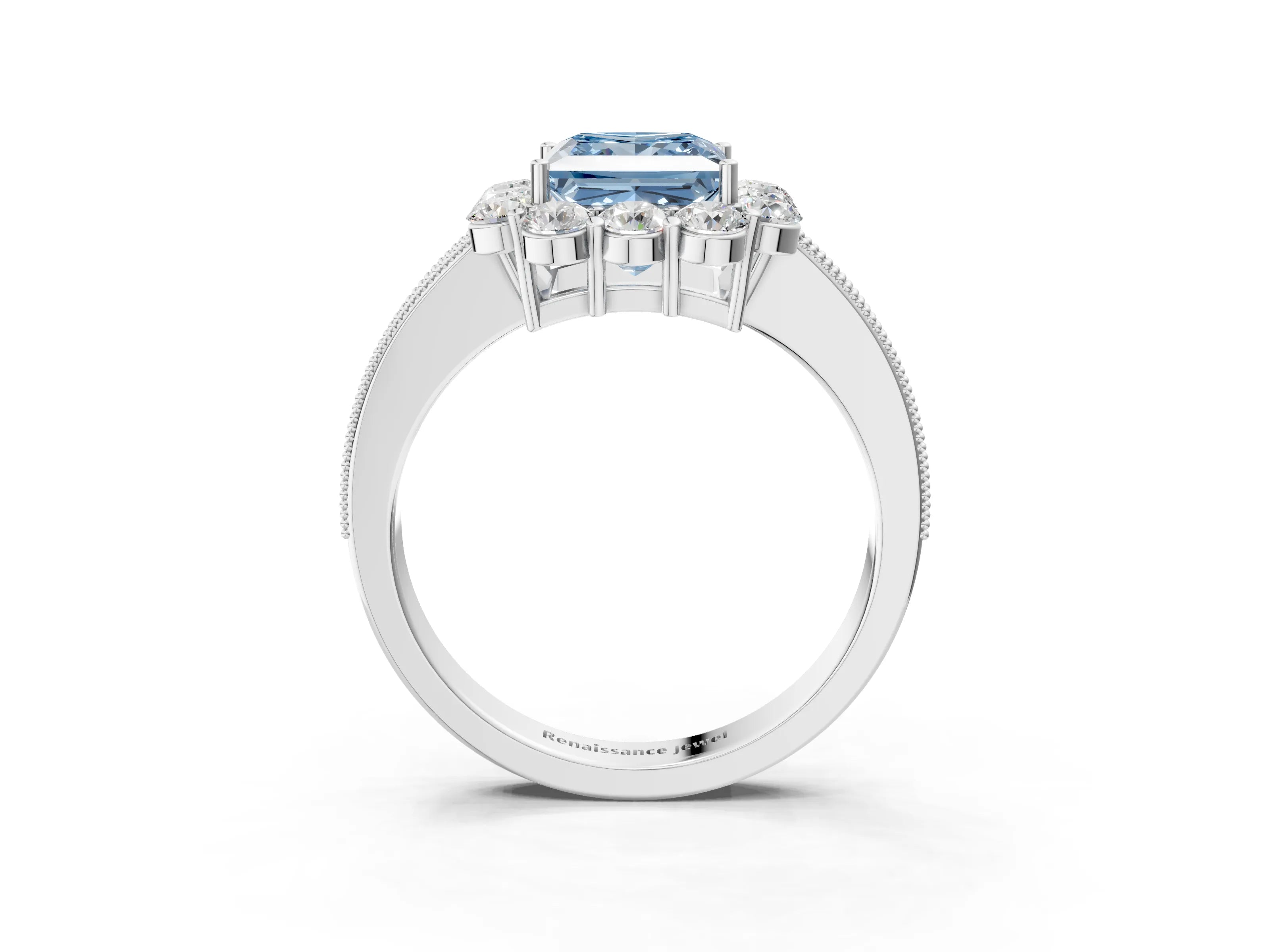 White gold Fancy Blue Princess Cut Cut Halo Diamond Pavé Engagement Ring with Milgrain Detailing_27