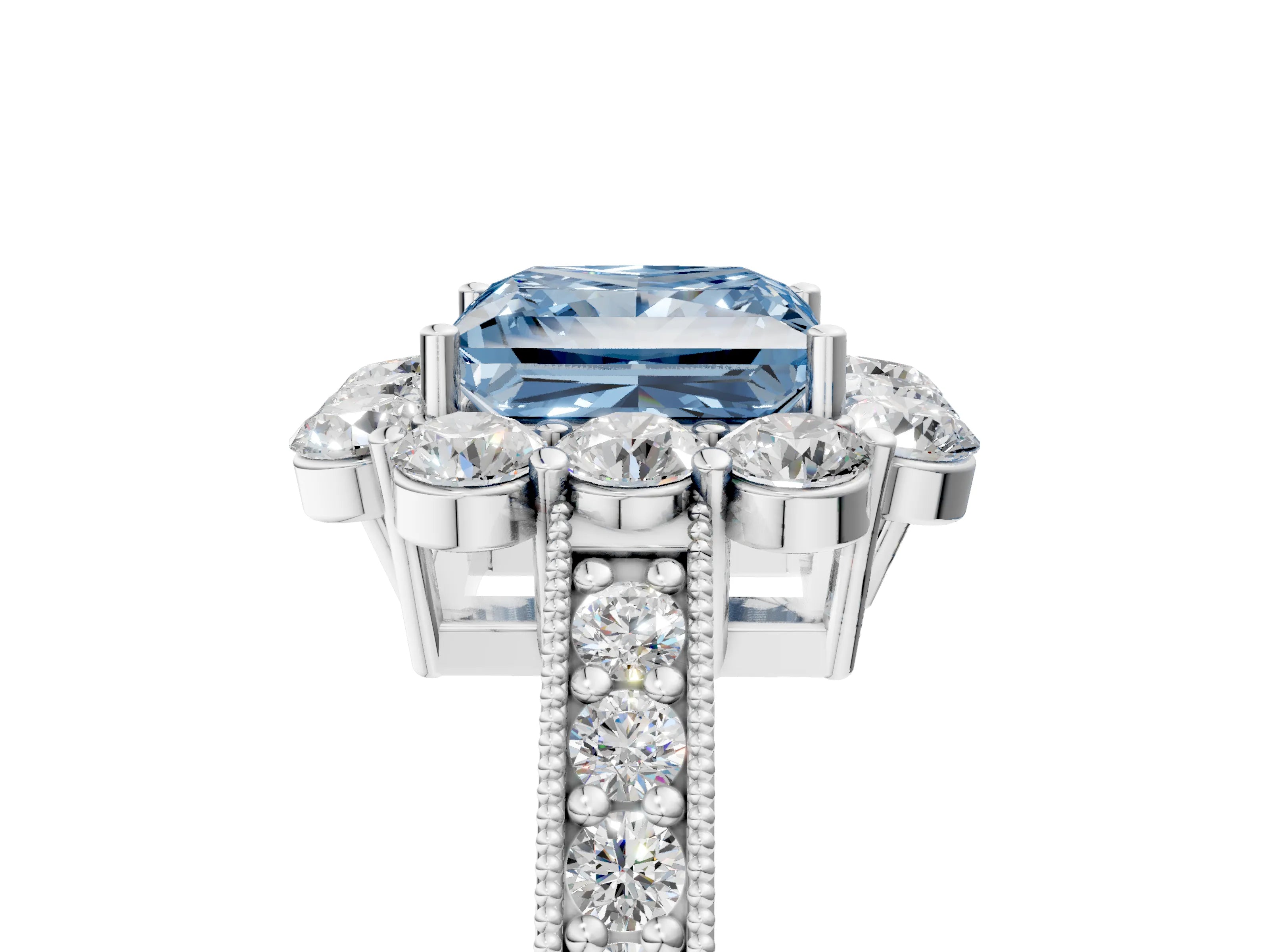 White gold Fancy Blue Princess Cut Cut Halo Diamond Pavé Engagement Ring with Milgrain Detailing_29