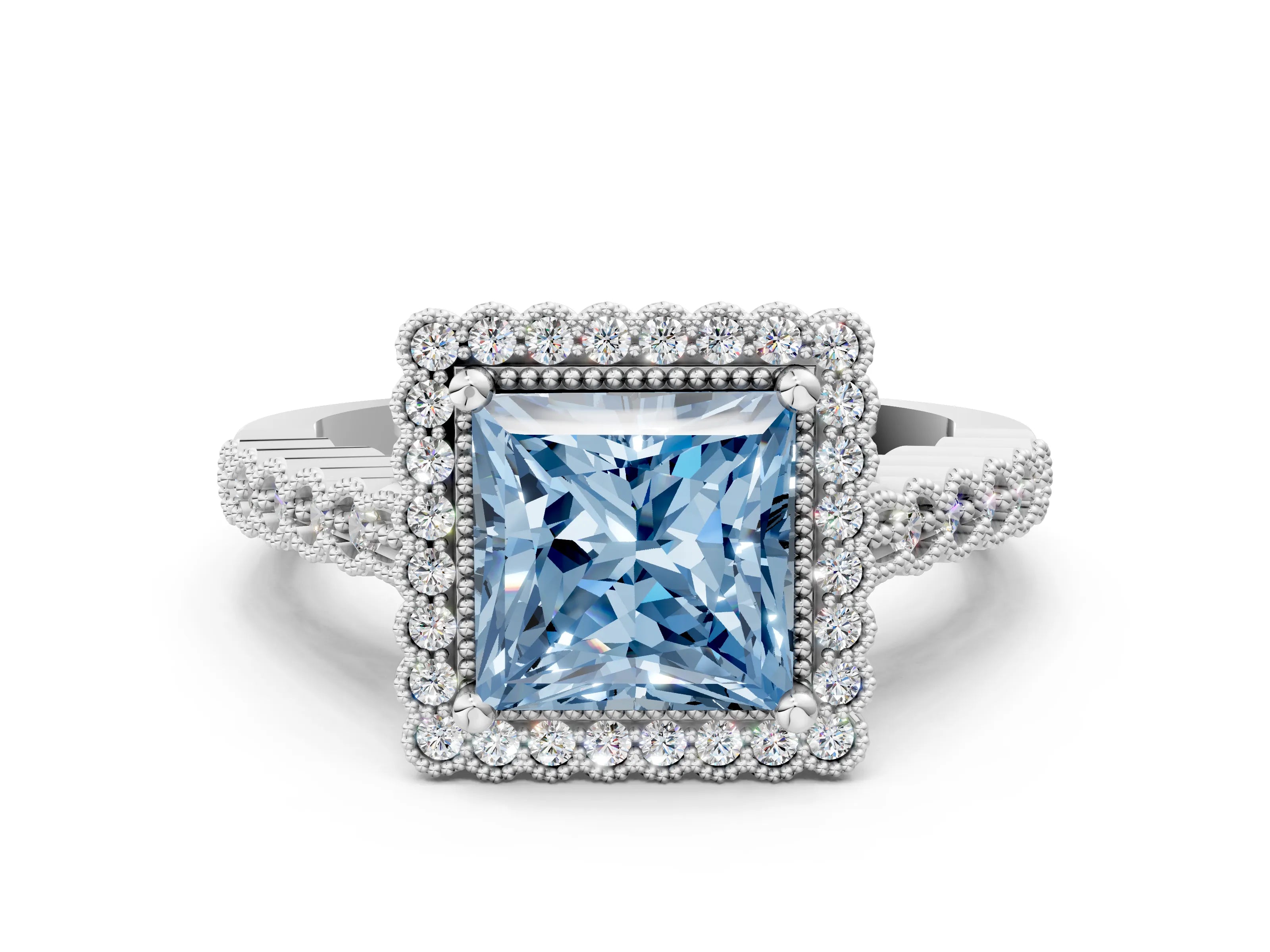 White gold Fancy Blue Princess Cut Cut Halo Pavé Solitaire Ring with Milgrain Band_12