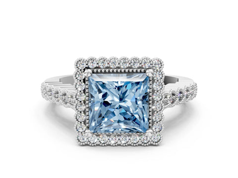 White gold Fancy Blue Princess Cut Cut Halo Pavé Solitaire Ring with Milgrain Band_12