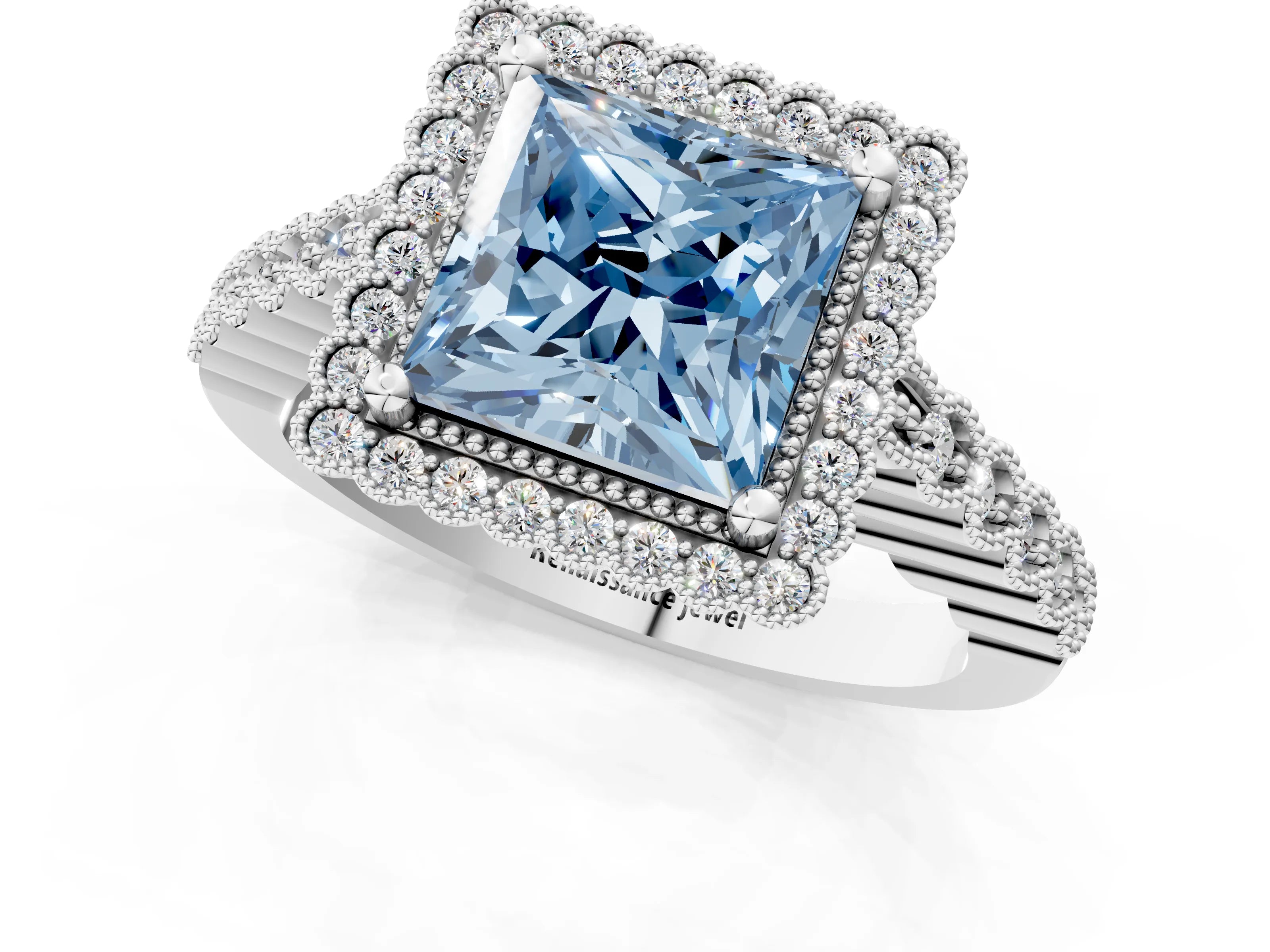 White gold Fancy Blue Princess Cut Cut Halo Pavé Solitaire Ring with Milgrain Band_13