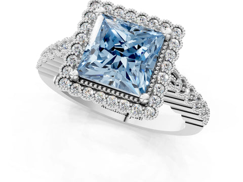 White gold Fancy Blue Princess Cut Cut Halo Pavé Solitaire Ring with Milgrain Band_13