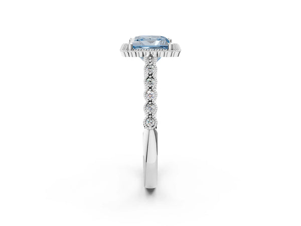 Platinum Fancy Blue Princess Cut Cut Halo Pavé Solitaire Ring with Milgrain Band