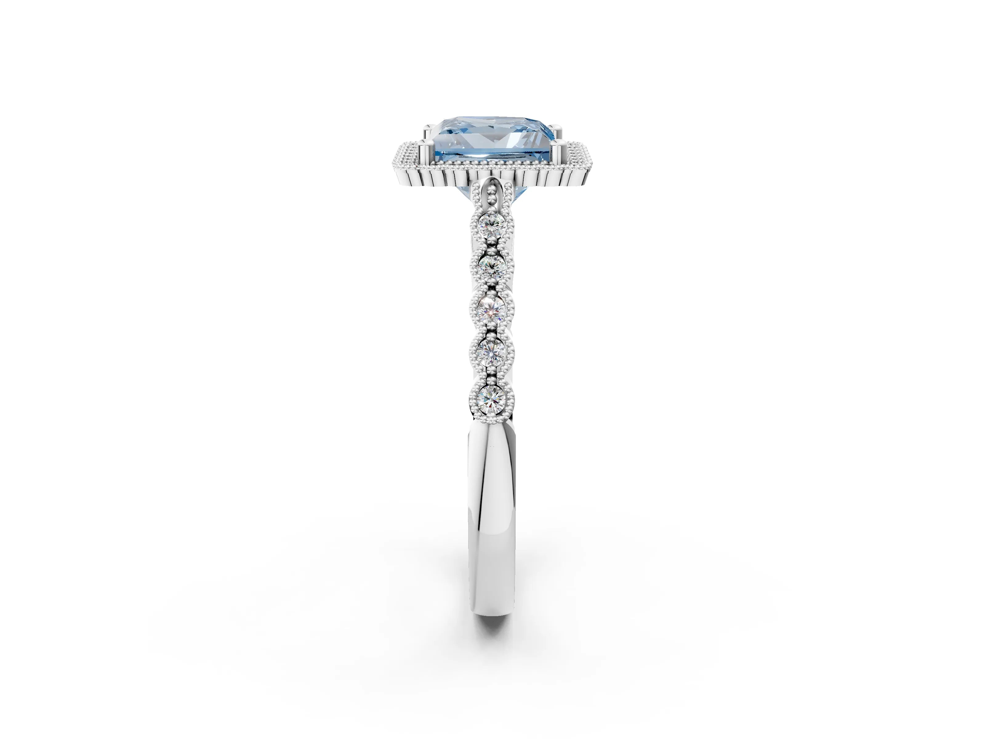 White gold Fancy Blue Princess Cut Cut Halo Pavé Solitaire Ring with Milgrain Band_14