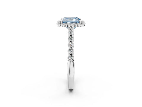White gold Fancy Blue Princess Cut Cut Halo Pavé Solitaire Ring with Milgrain Band_14
