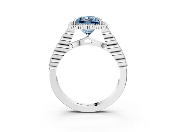 Platinum Fancy Blue Princess Cut Cut Halo Pavé Solitaire Ring with Milgrain Band