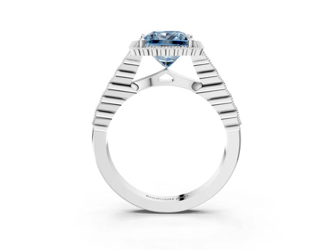 White gold Fancy Blue Princess Cut Cut Halo Pavé Solitaire Ring with Milgrain Band_15