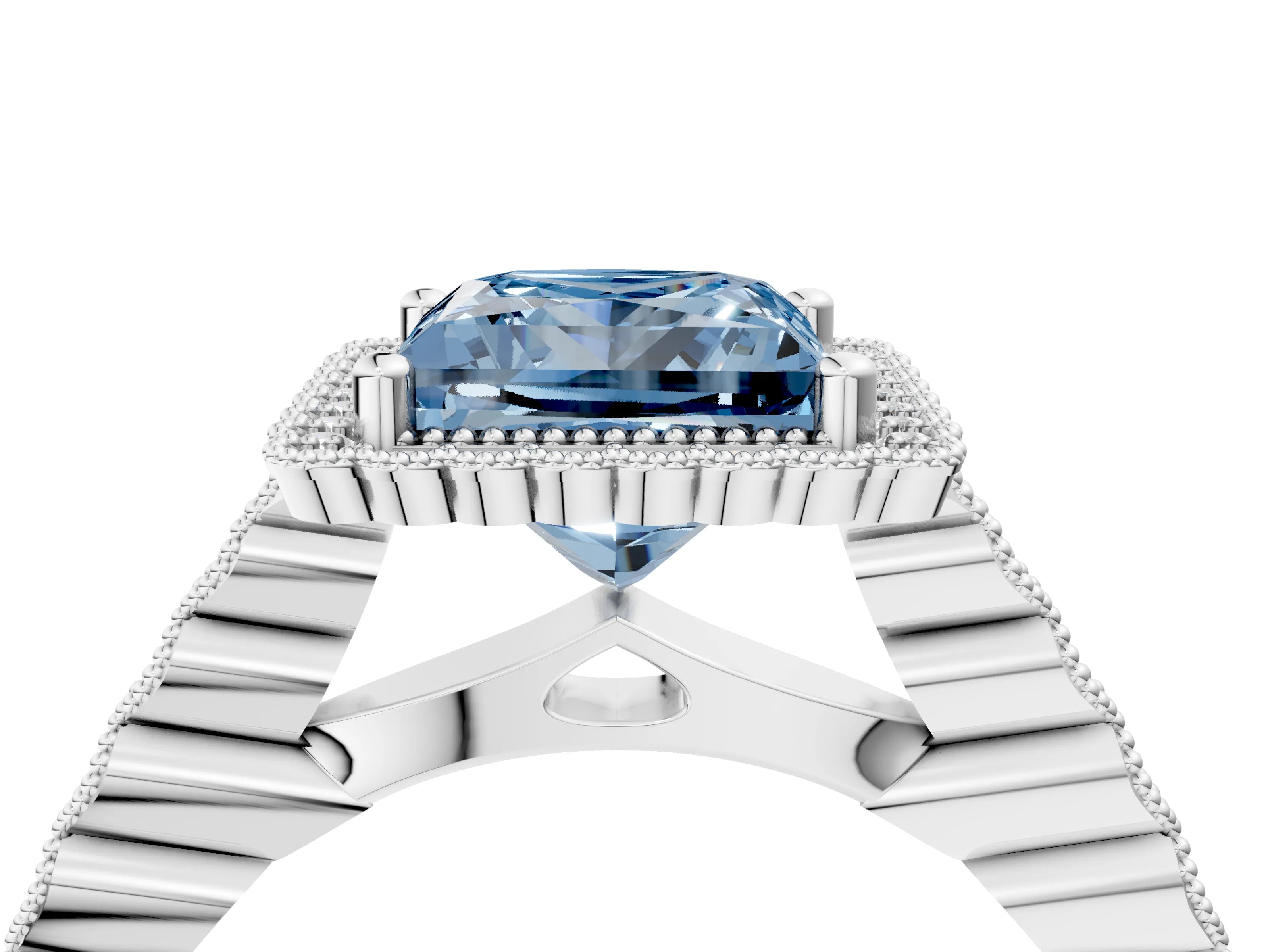 White gold Fancy Blue Princess Cut Cut Halo Pavé Solitaire Ring with Milgrain Band_16