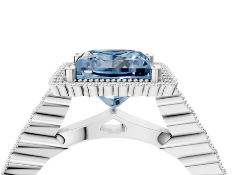 White gold Fancy Blue Princess Cut Cut Halo Pavé Solitaire Ring with Milgrain Band_16