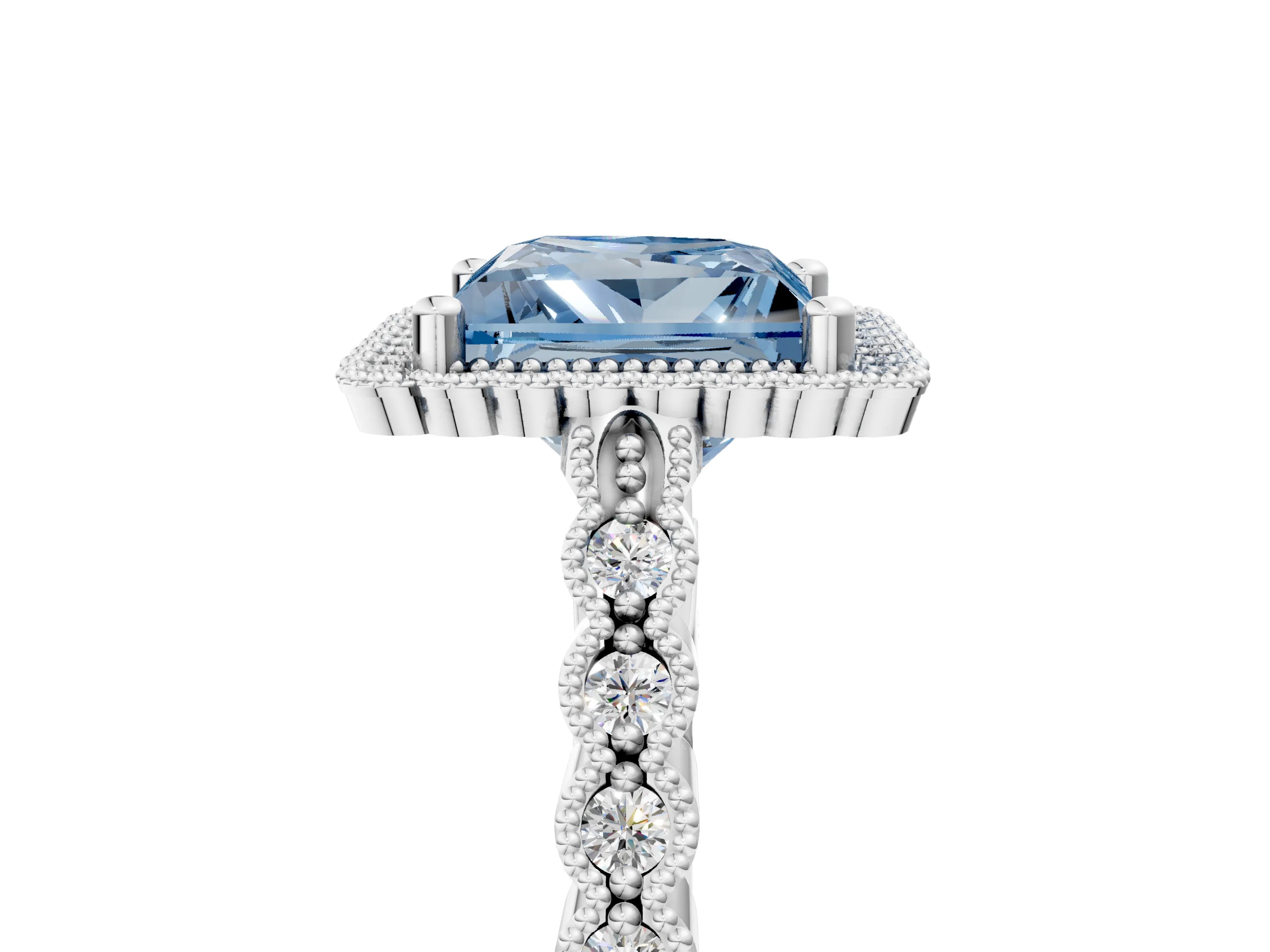 White gold Fancy Blue Princess Cut Cut Halo Pavé Solitaire Ring with Milgrain Band_17