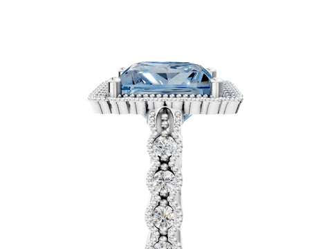 White gold Fancy Blue Princess Cut Cut Halo Pavé Solitaire Ring with Milgrain Band_17