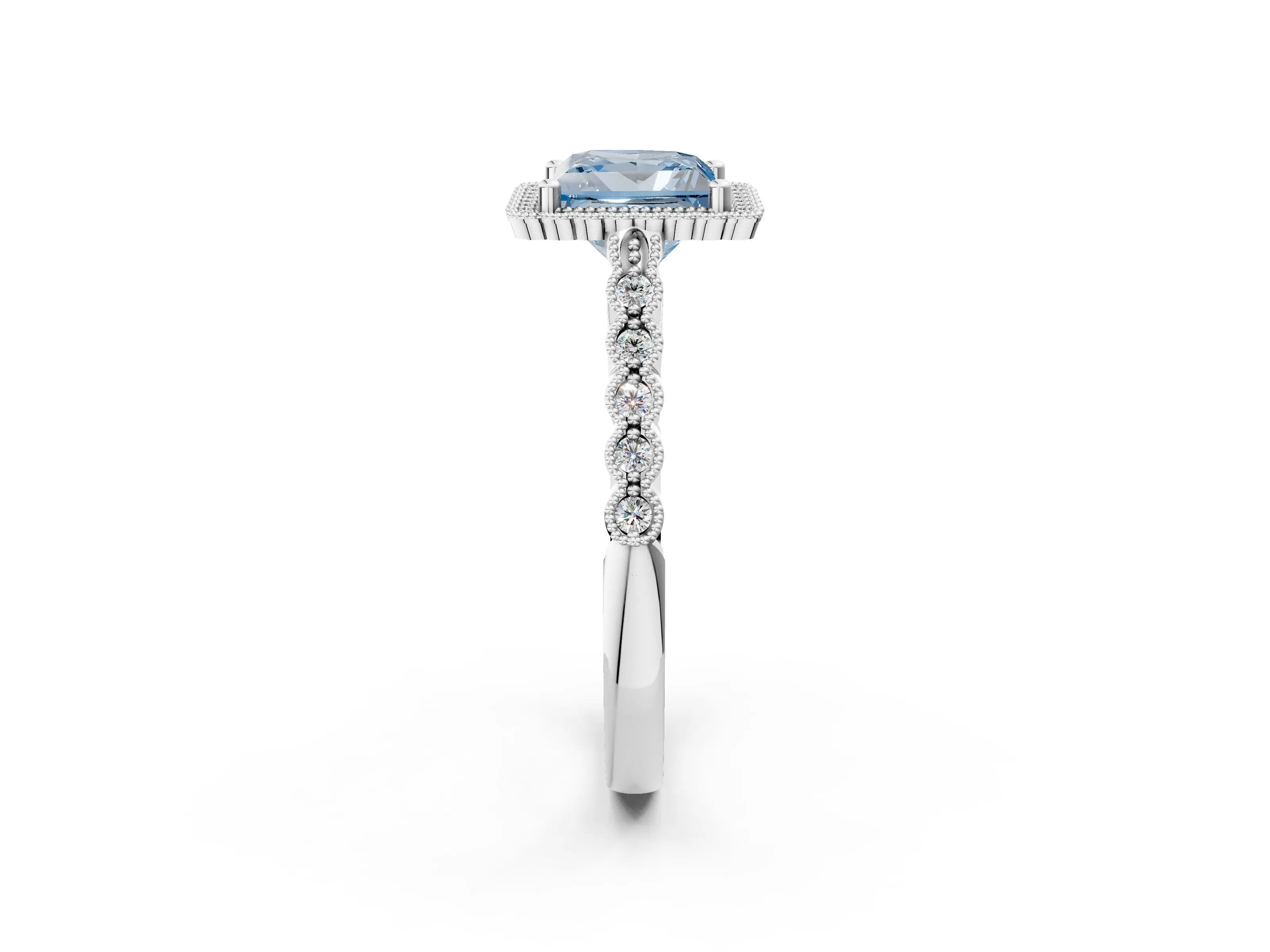 White gold Fancy Blue Princess Cut Cut Halo Pavé Solitaire Ring with Milgrain Band_2