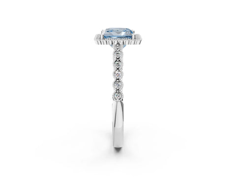 White gold Fancy Blue Princess Cut Cut Halo Pavé Solitaire Ring with Milgrain Band_2