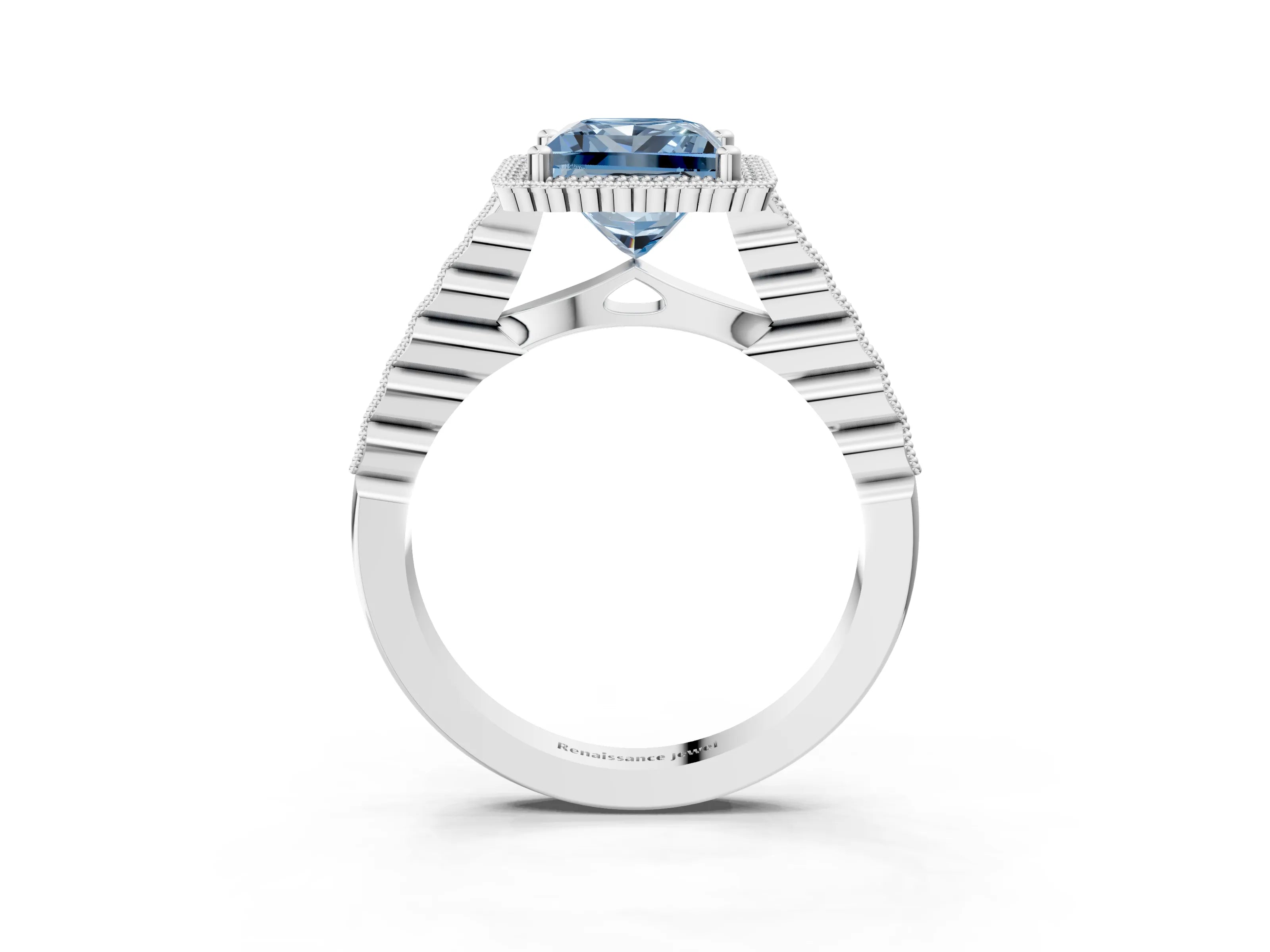 White gold Fancy Blue Princess Cut Cut Halo Pavé Solitaire Ring with Milgrain Band_3