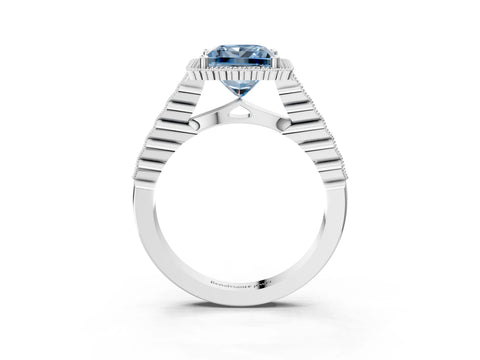 White gold Fancy Blue Princess Cut Cut Halo Pavé Solitaire Ring with Milgrain Band_3